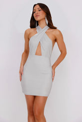 In My Party Era Halter Mini Dress Silver